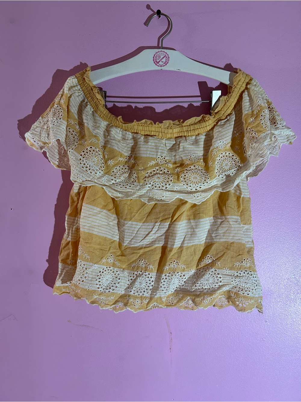 American Eagle Outfitters Mustard and Cream Off-Shoulder Eyelet Crop Top